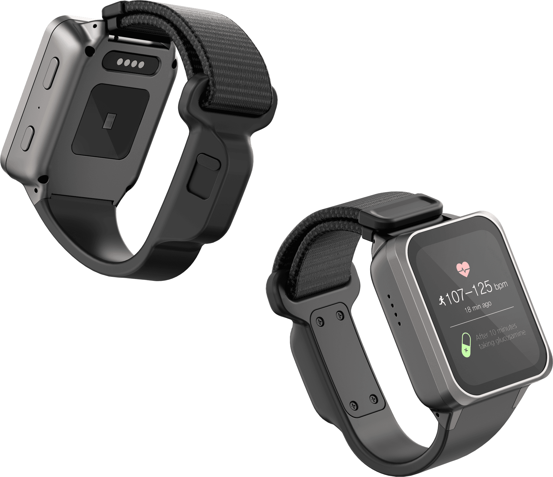 Vibe-Watch — front and back, showing the display and the charging contacts