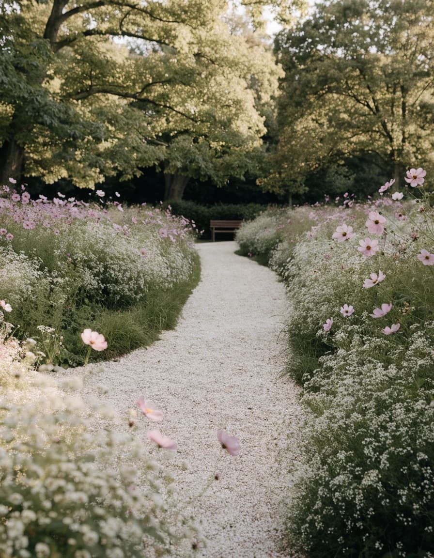 A quiet garden path bordered by pink cosmos and white flowers