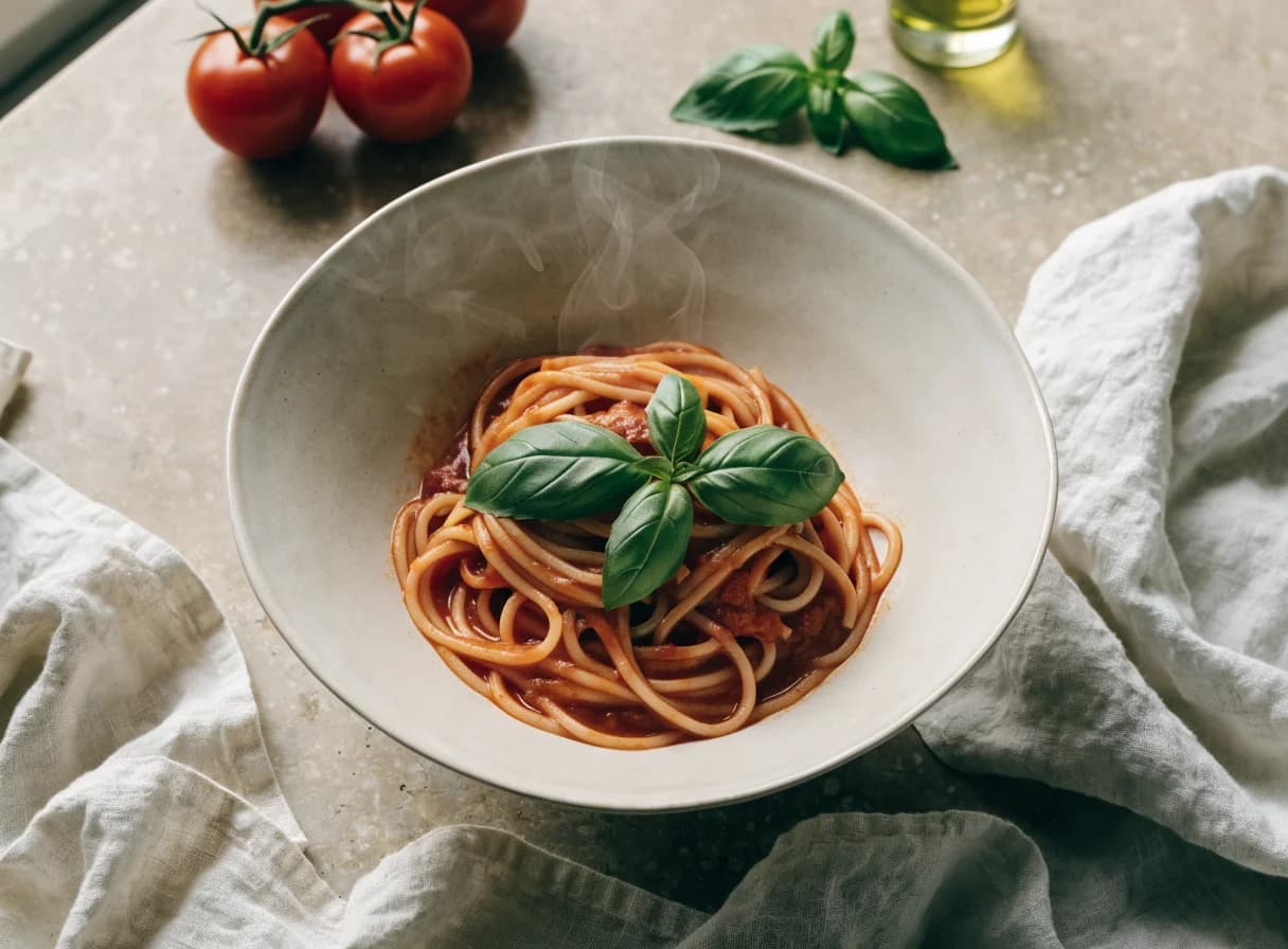 A bowl of tomato and basil pasta with tomatoes, fresh basil and olive oil nearby