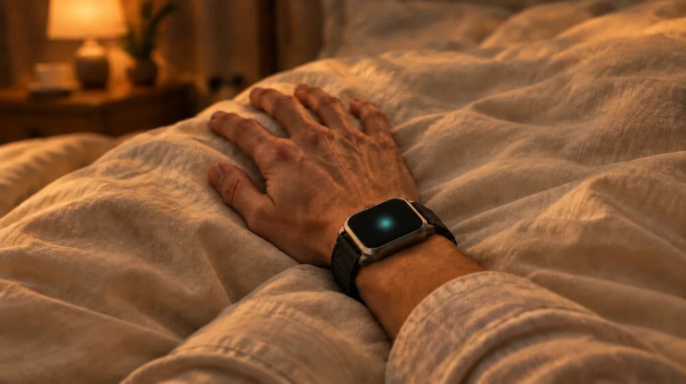 An InHand Watch on the right wrist resting on soft bedding in a warm bedroom